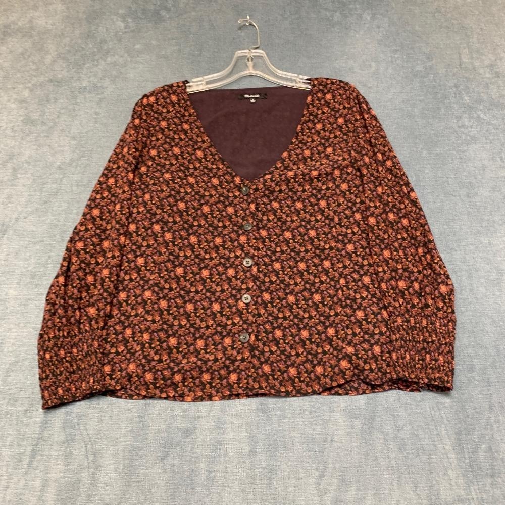 Madewell Blouse Top Womens 8 Green Coral Floral V Neck Party Wear Button Front